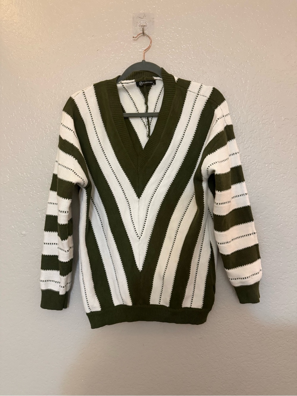 Striped V-Neck Sweater in Olive and White
